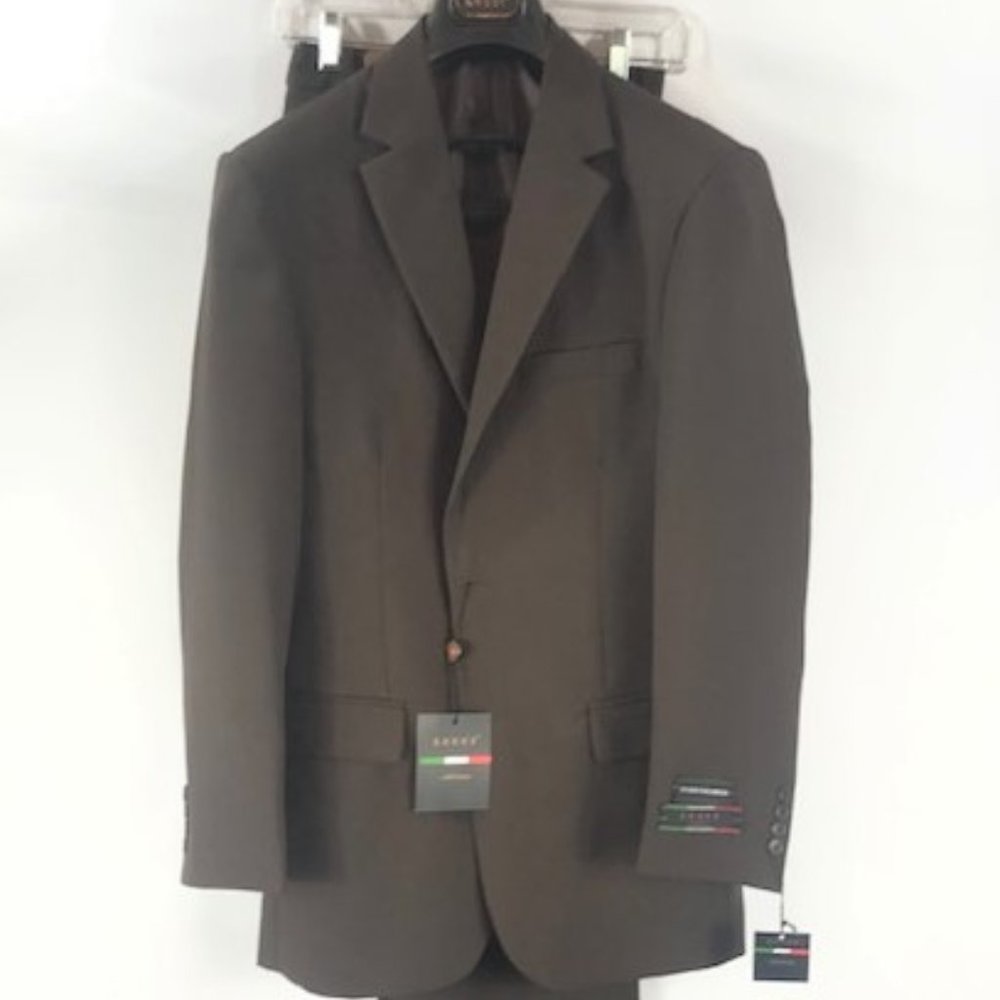 LUCCI Men's Brown Suit 2 Button Single Breasted Jacket Flat Front Pants Open Hem